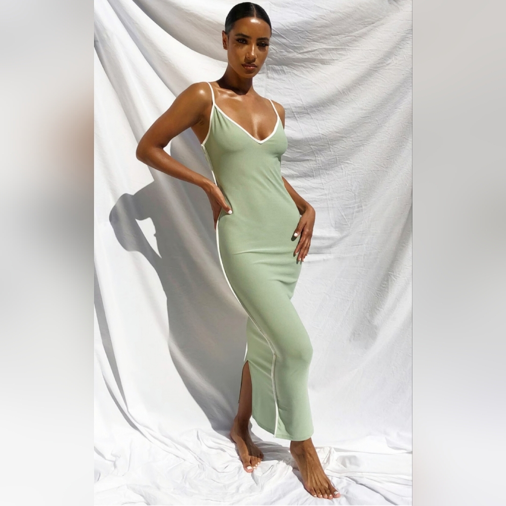 Sage Green Contrast Trim Detail V Neck Strappy Midaxi Dress Size 8